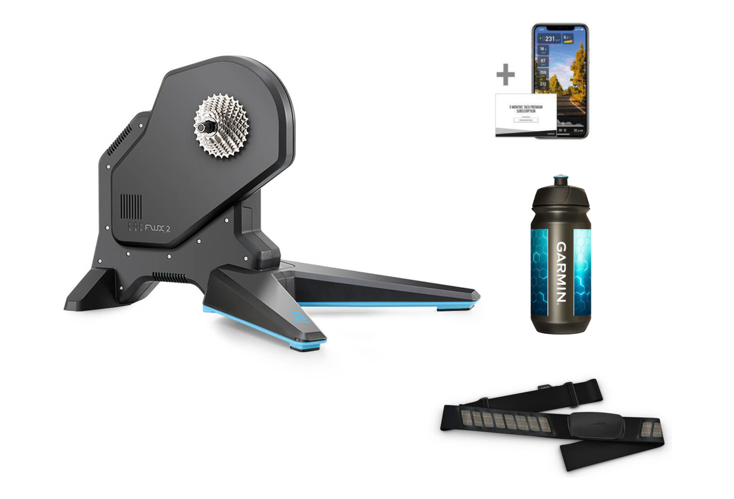 Tacx Flux 2 Smart + Ceinture Cardiaque Garmin + Bidon + Abonnements Premium Tacx® 6 Mois